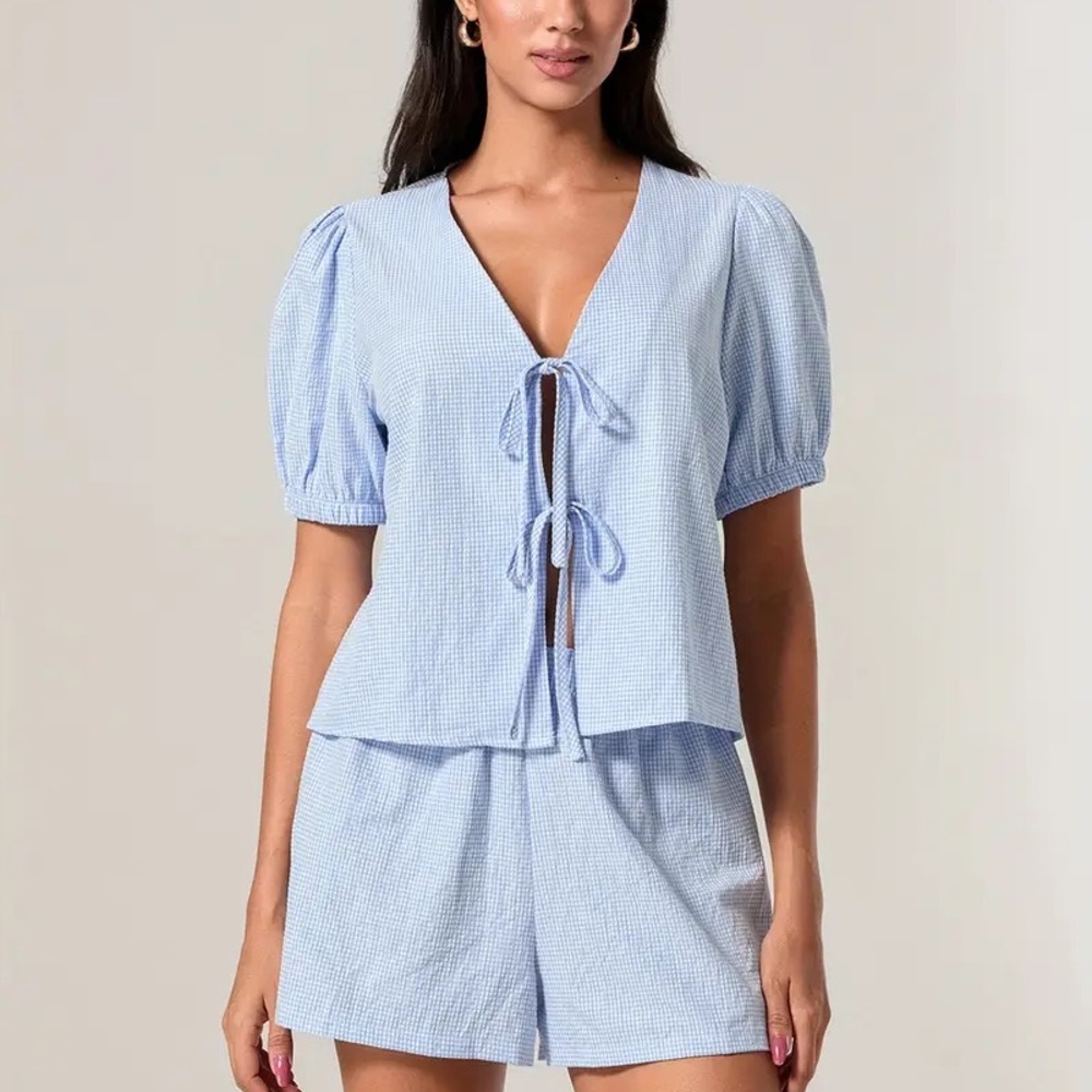 Sky Blue Gingham Puff Sleeve Tie-Front Blouse